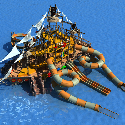 Customized Pirate Ship Shaped Aqua Park Slide Fiberglass Water Playground with Concrete Hull for Water Parks